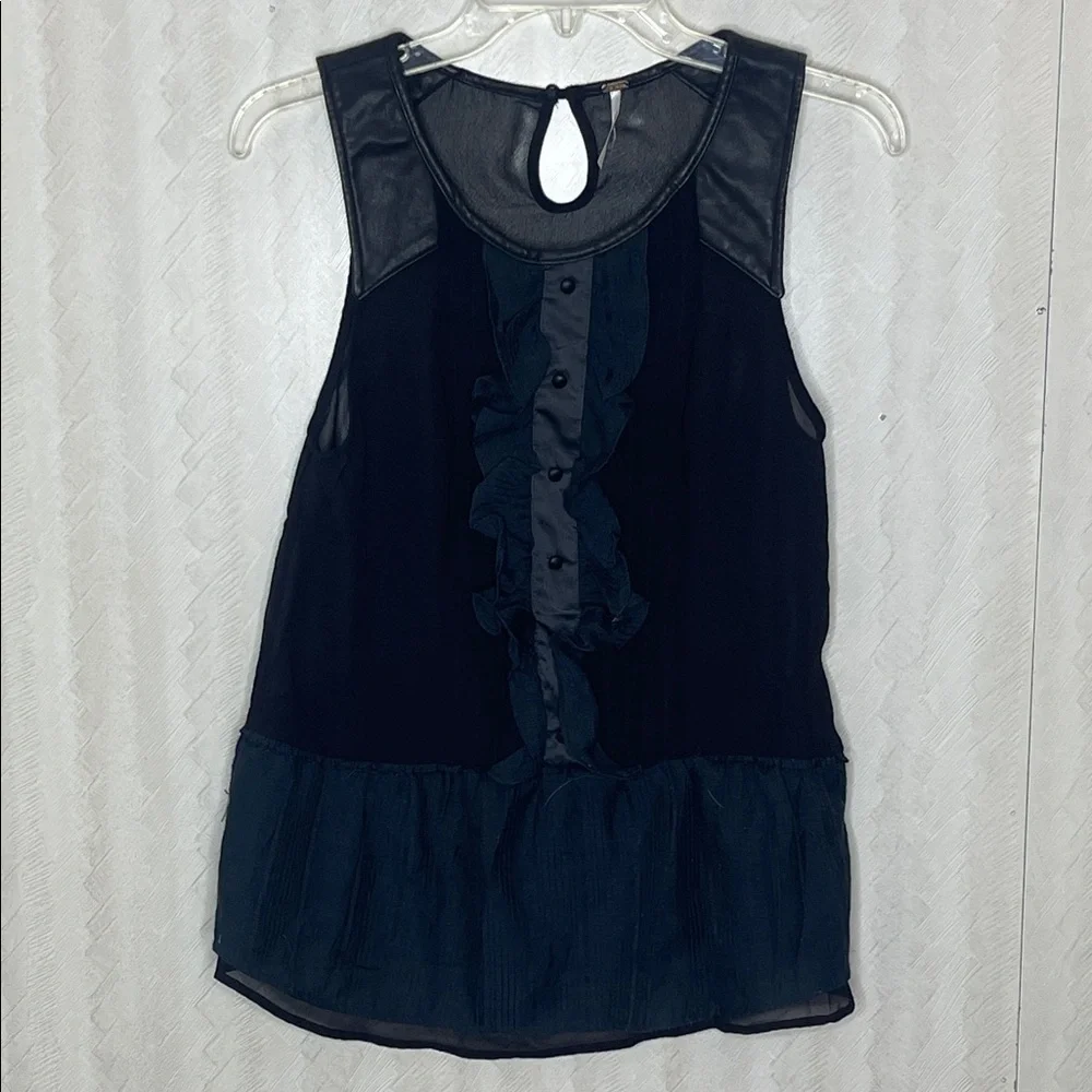 🔥 FREE PEOPLE Tank Top Paint the Town Faux Leather Strap Black Ruffle Front S